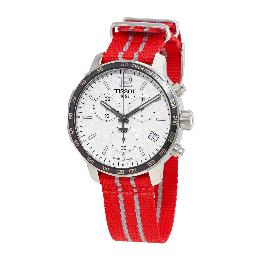 Tissot Quickster Houston Rockets chronograph watch with white dial and red fabric strap
