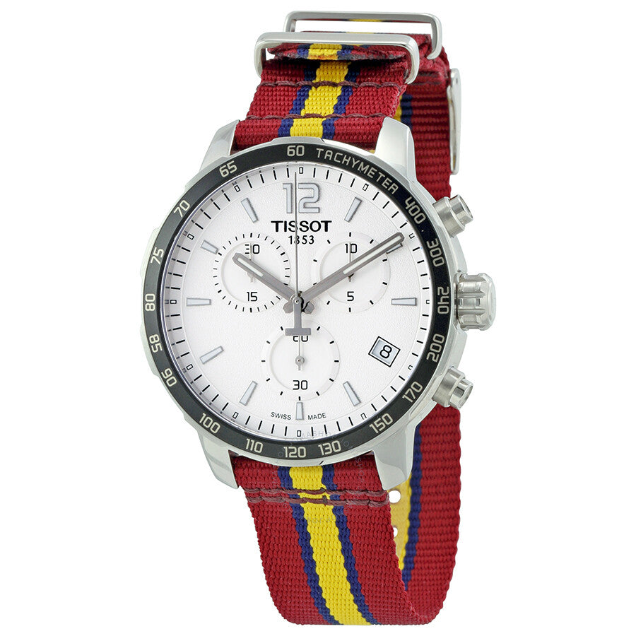 Tissot Quickster NBA Cleveland Cavaliers chronograph watch with white dial and red and yellow fabric strap
