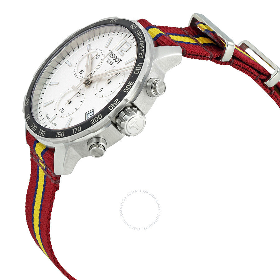 Side angled view of Tissot Quickster Cavaliers chronograph with silver case and red and yellow strap