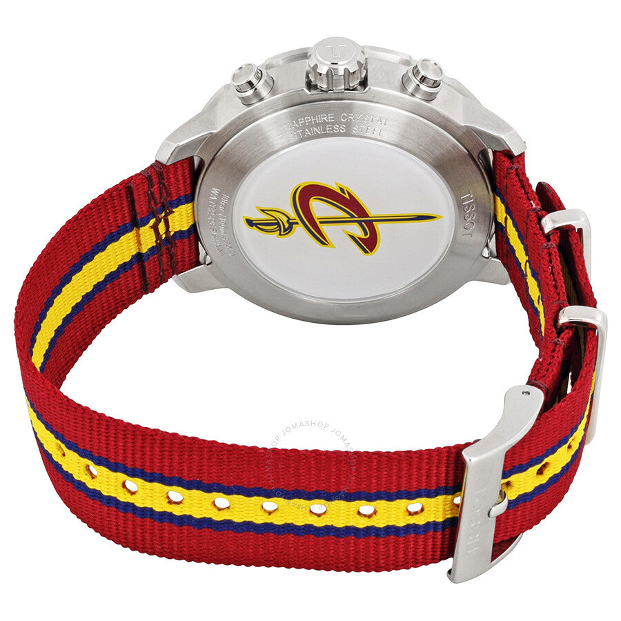 Caseback view of Tissot Quickster NBA Cavaliers chronograph with team logo on white display