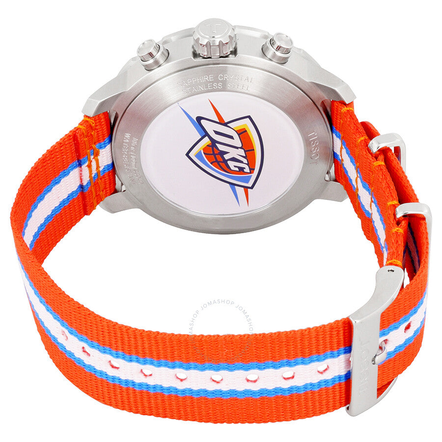 Caseback view of Tissot Quickster showing OKC Thunder logo on orange strap