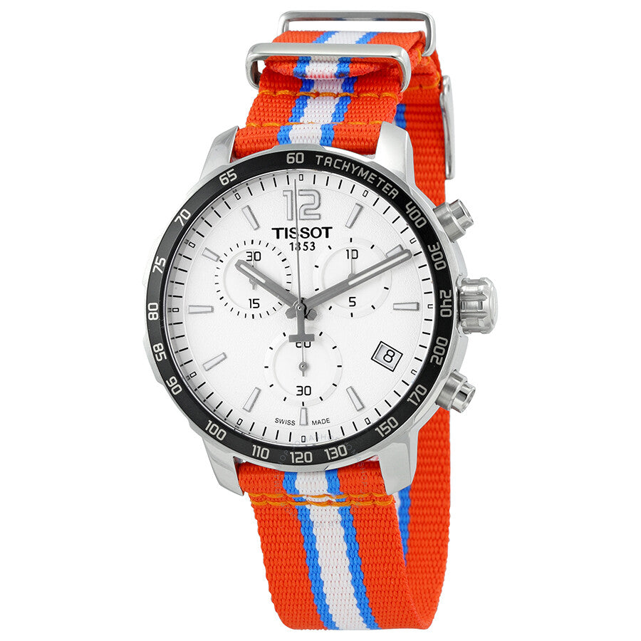 Tissot Quickster chronograph with white dial and orange OKC Thunder strap