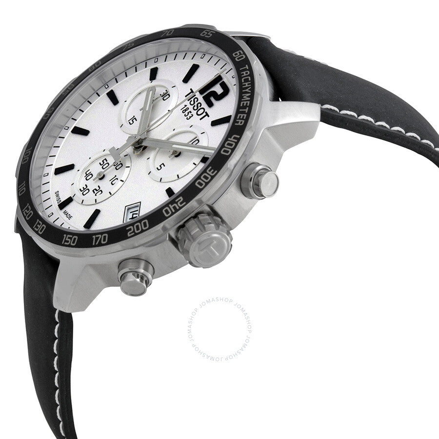 Tissot Quickster Soccer World Cup watch at angle showing white dial, chronograph subdials, black leather strap