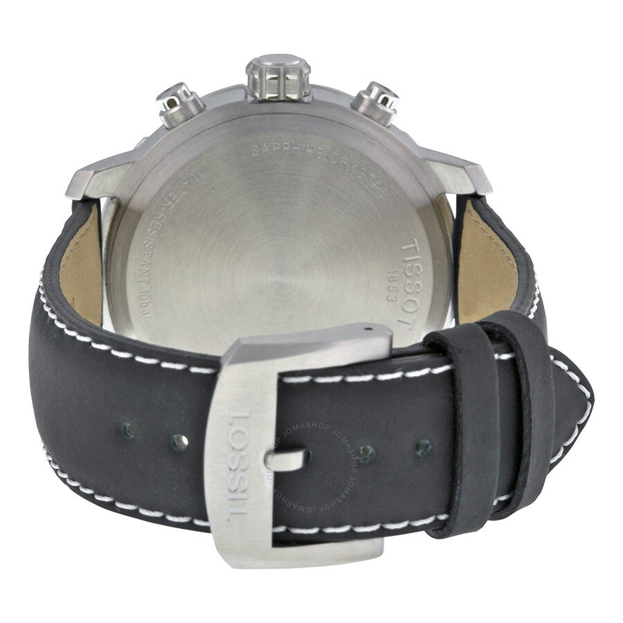 Tissot Quickster Soccer World Cup watch caseback showing stainless steel case and black leather strap
