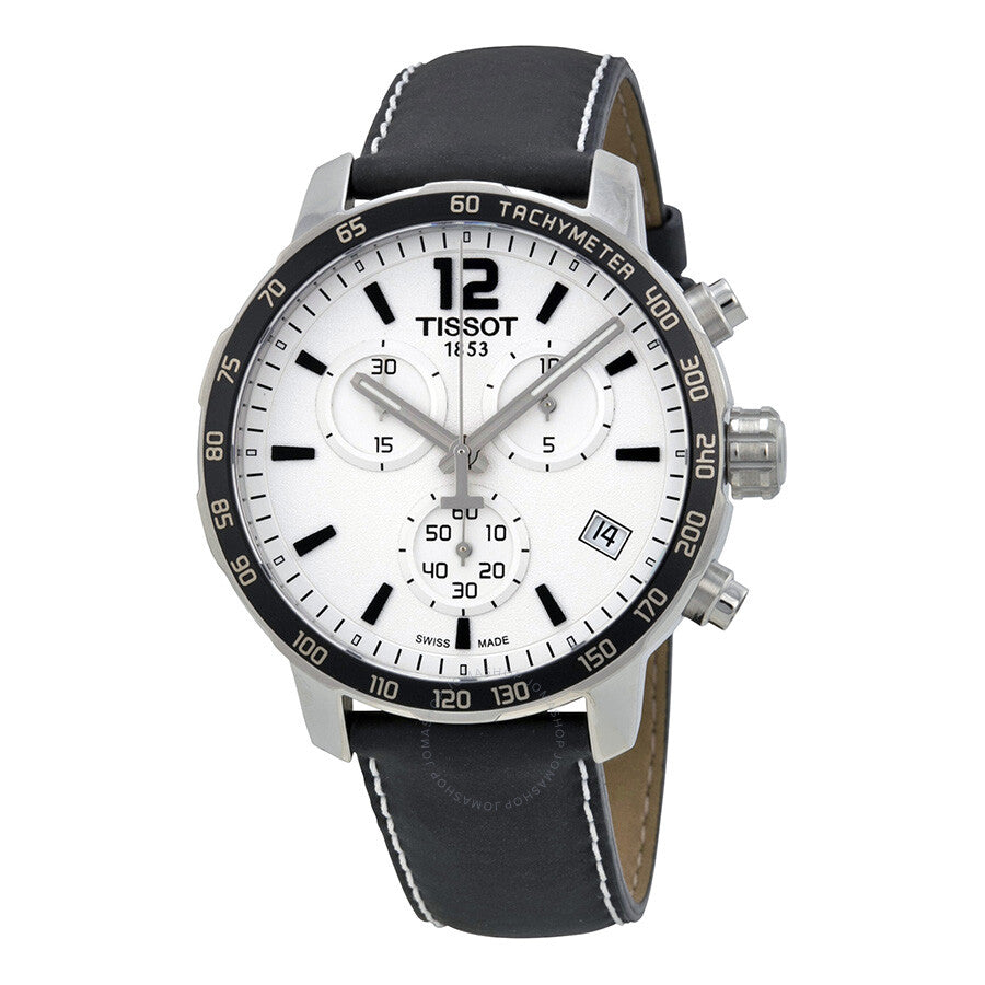 Tissot Quickster Soccer World Cup chronograph watch with white dial, black leather strap, stainless steel case