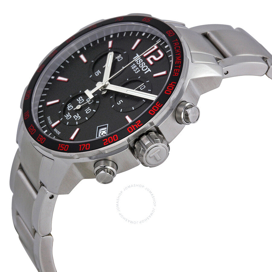 Tissot Quickster chronograph at angle showing case profile, stainless steel bracelet, and chronograph pushers