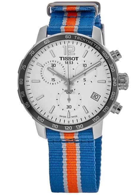 Tissot Quickster Chronograph silver dial with blue and orange striped textile strap