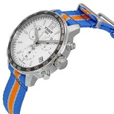 Tissot Quickster Chronograph angled view showing case and blue/orange strap
