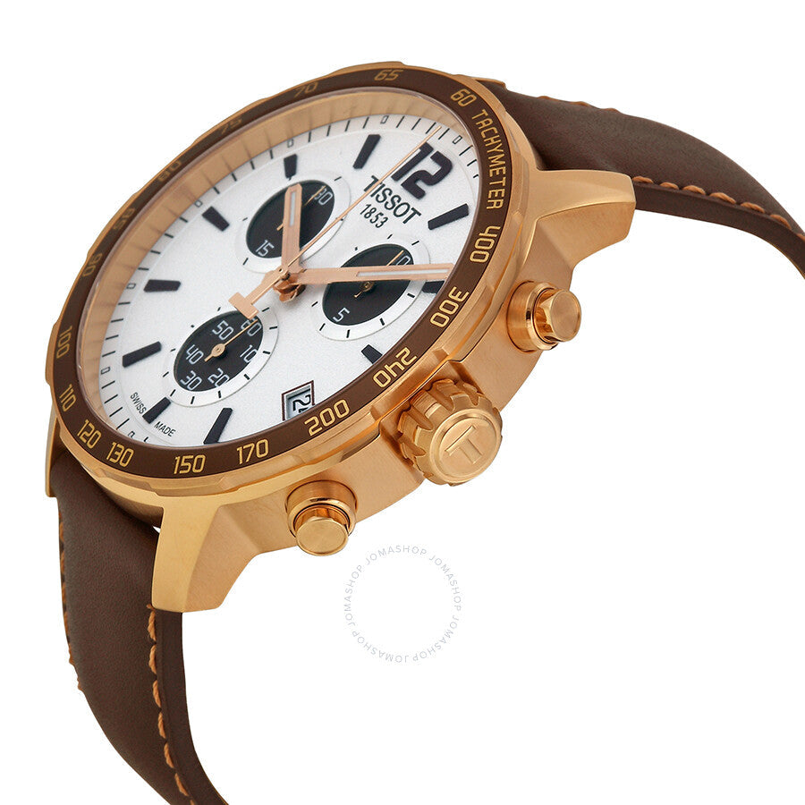 Tissot Quickster Chronograph angled view showing rose gold case and tachymeter bezel