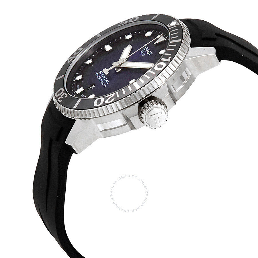 Tissot Seastar 1000 side view showing stainless steel case and black rubber strap