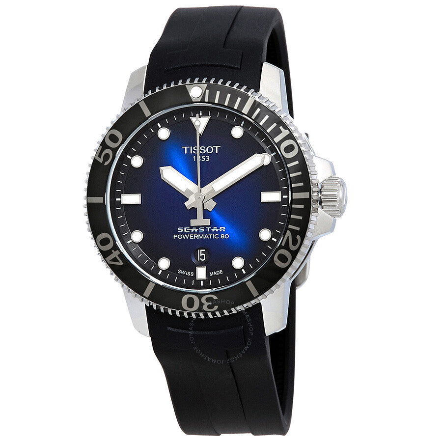 Tissot Seastar 1000 automatic men's watch with blue dial and black rubber strap