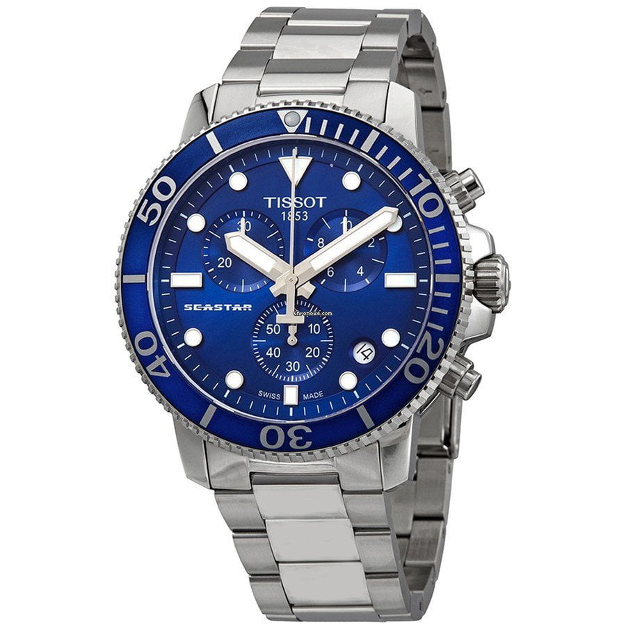 Tissot Seastar 1000 Chronograph with blue bezel and white hour markers from three-quarter view