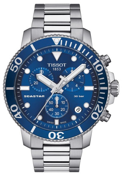 Tissot Seastar 1000 Chronograph men's watch with blue dial and silver steel bracelet