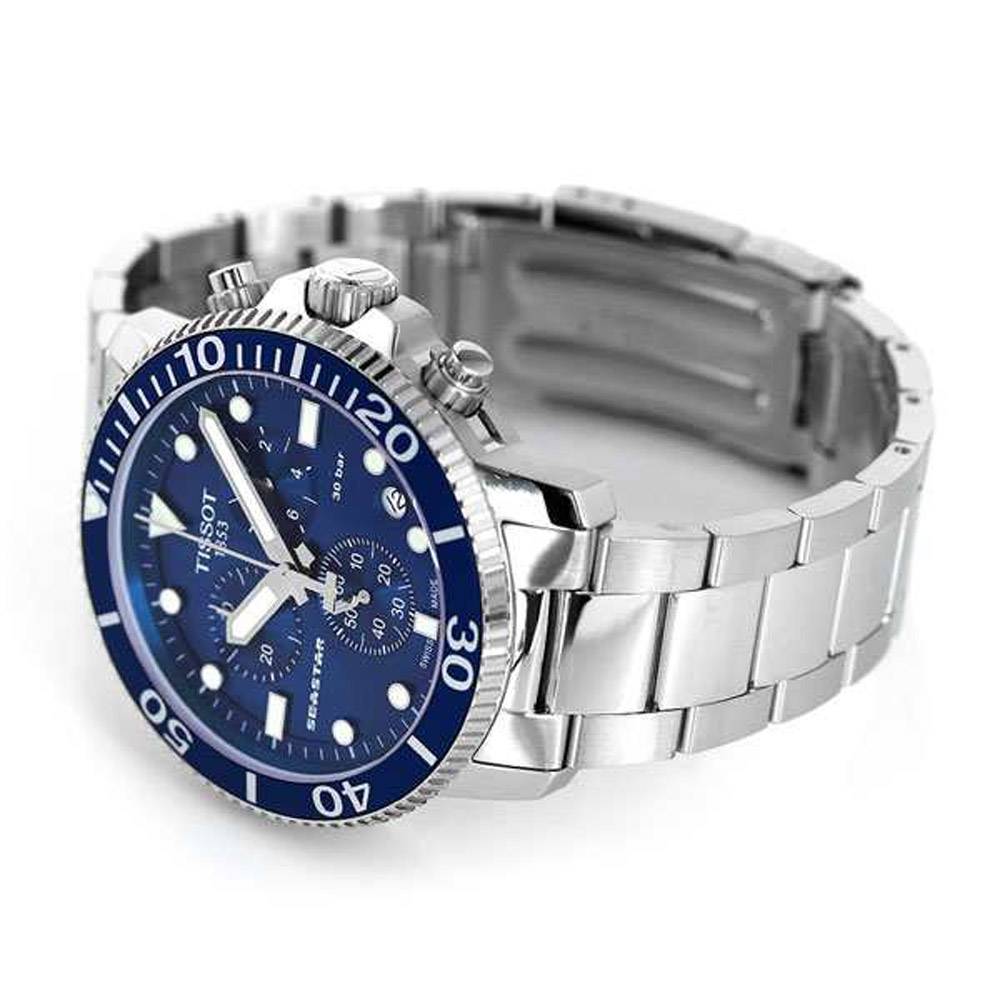 Tissot Seastar 1000 Chronograph displayed at angle showing case and steel bracelet