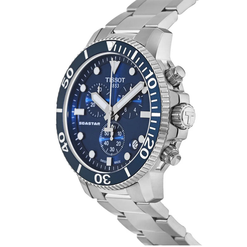 Tissot Seastar 1000 Chronograph side profile showing chronograph pushers and steel case