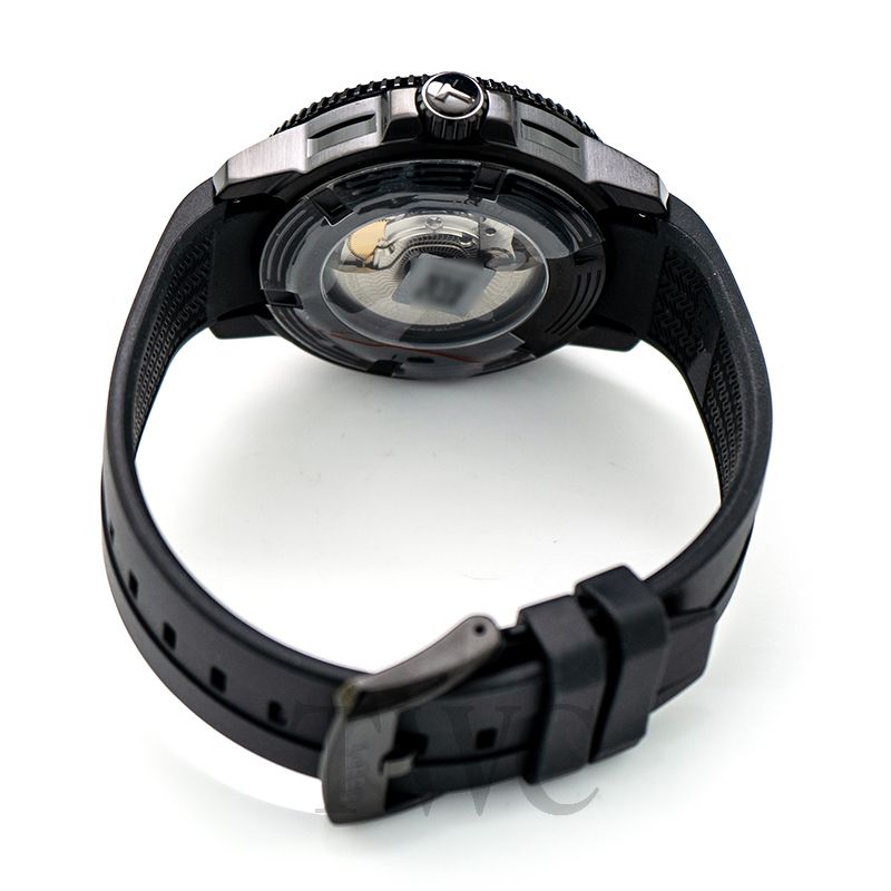 Transparent caseback view showing Powermatic 80 automatic movement mechanism with black rubber strap