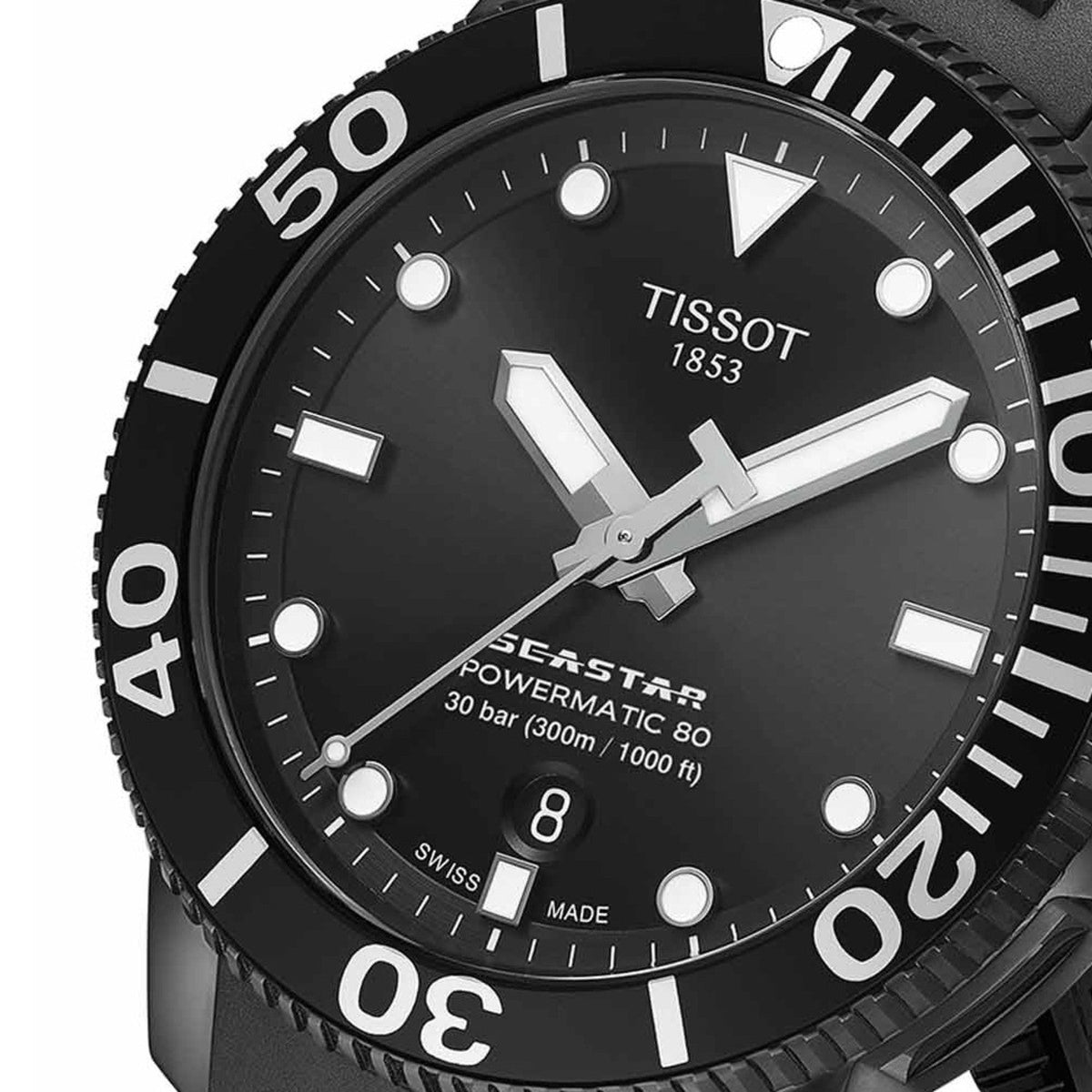 Close-up of black dial showing Tissot logo, Seastar text, Powermatic 80 movement, and 300m water resistance marking