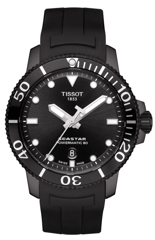 Tissot Seastar 1000 black dial watch with white hour markers and hands on black rubber strap