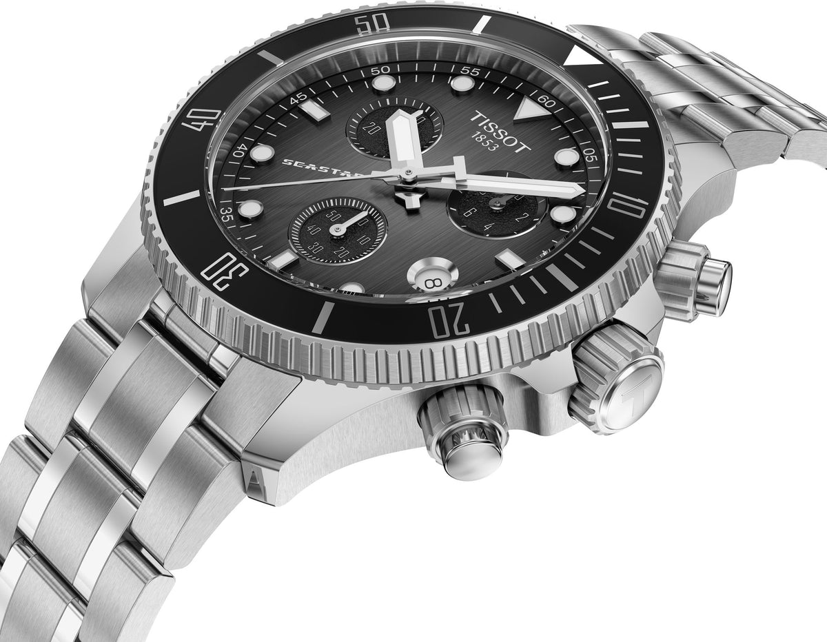 Tissot Seastar 1000 chronograph watch angled view with steel bracelet and case