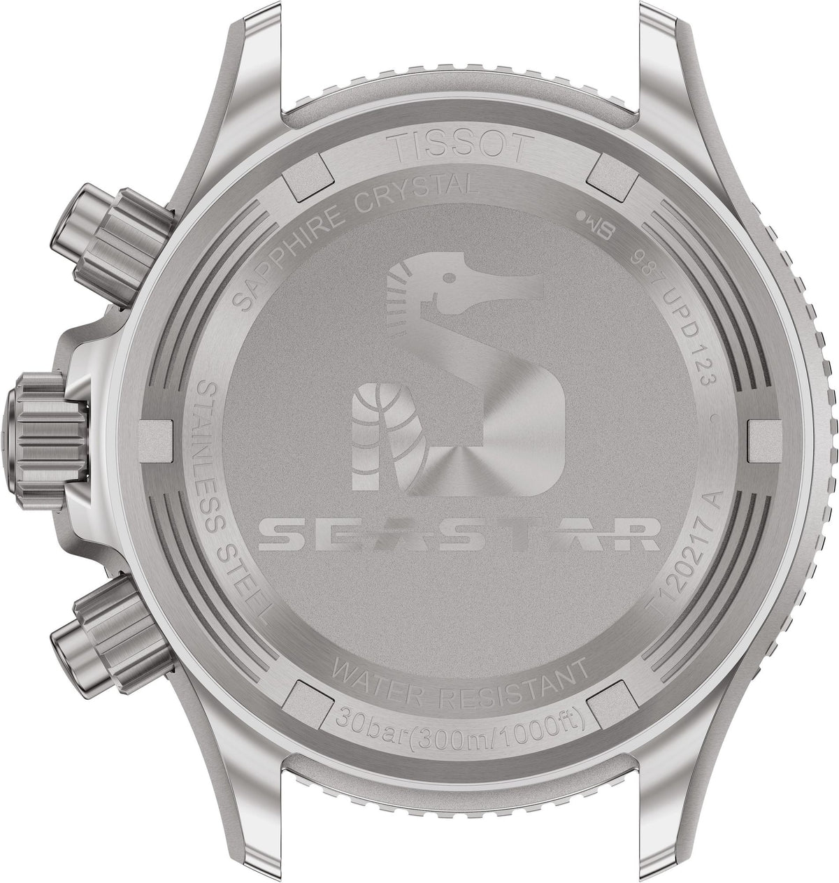 Tissot Seastar 1000 watch caseback with transparent crystal and engraved Seastar logo
