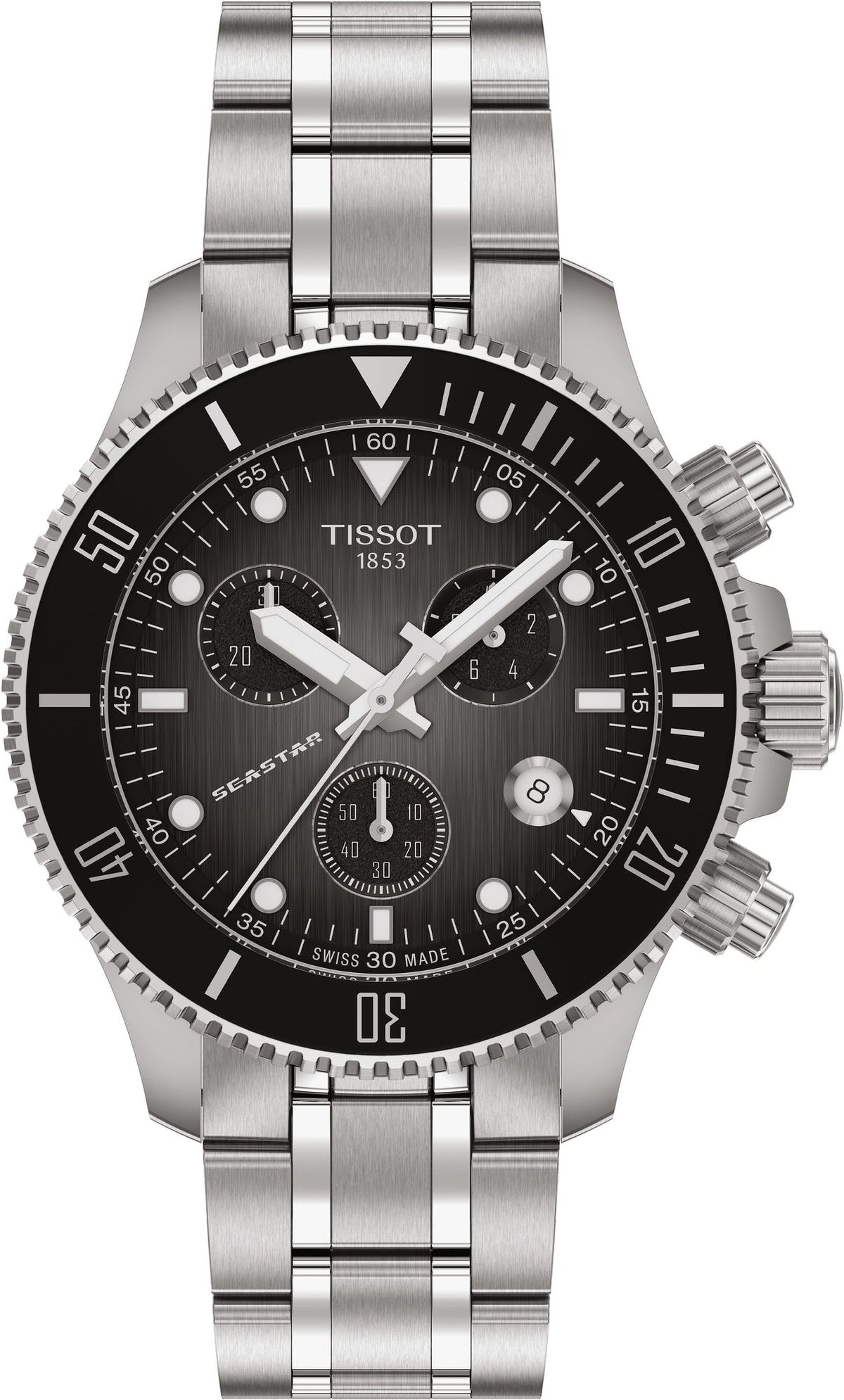 Tissot Seastar 1000 chronograph watch with black dial and steel bracelet front view