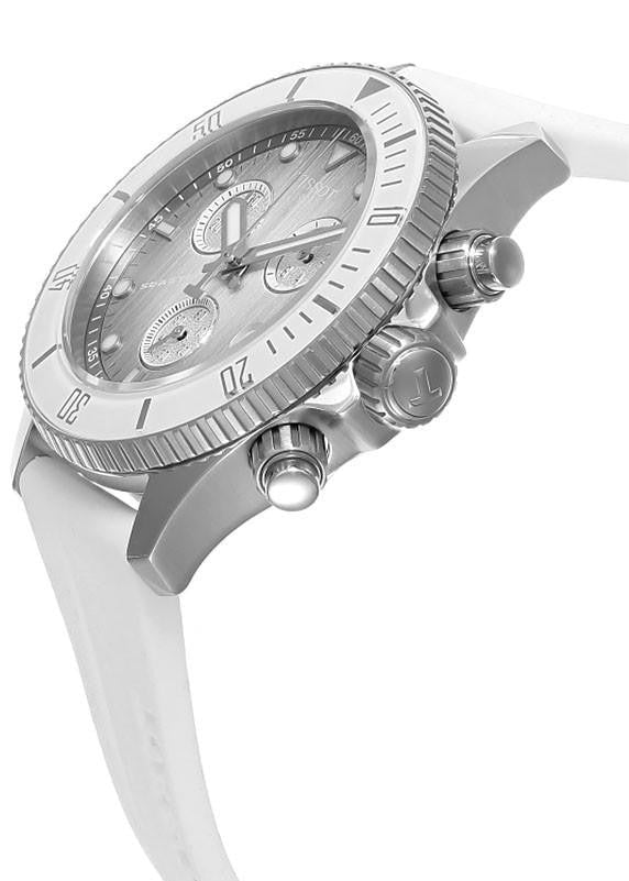 Tissot Seastar 1000 chronograph watch at angle showing case and white strap