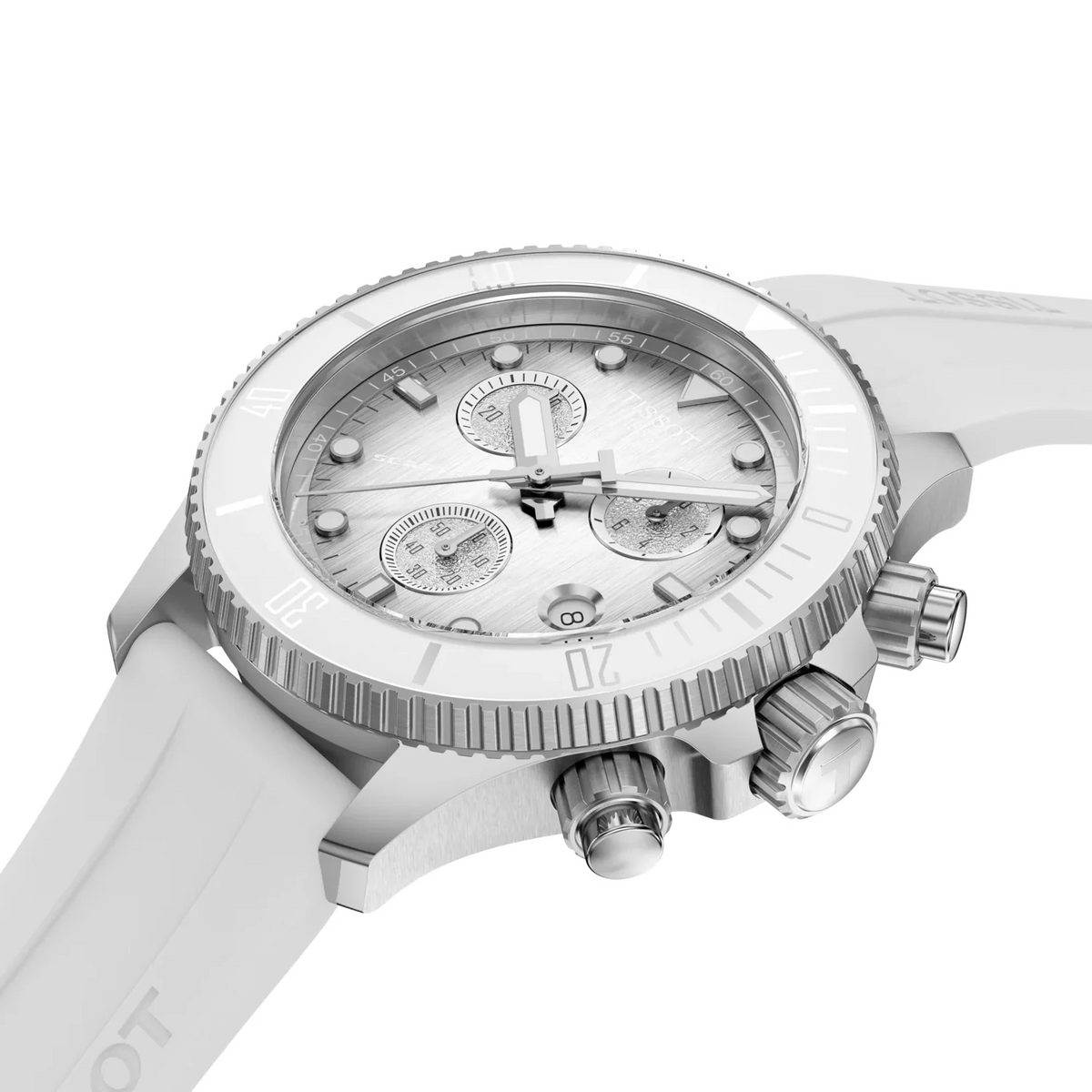 Close-up of Tissot Seastar 1000 dial detail showing chronograph subdials