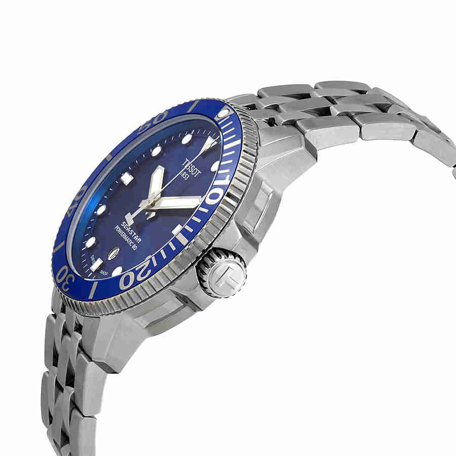 Side view of Tissot Seastar 1000 diver watch with blue bezel and steel bracelet