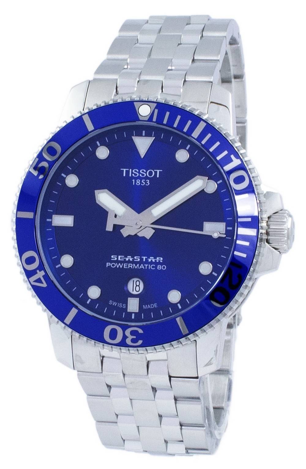 Tissot Seastar 1000 blue dial diver watch with stainless steel strap and rotating bezel