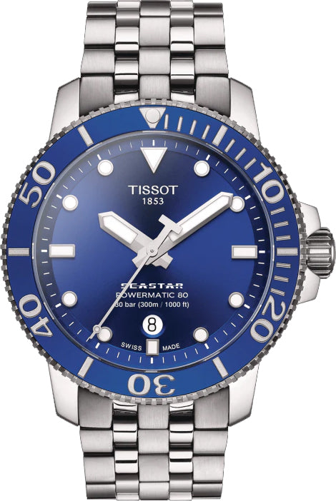Tissot Seastar 1000 Powermatic 80 blue dial diver watch with steel bracelet