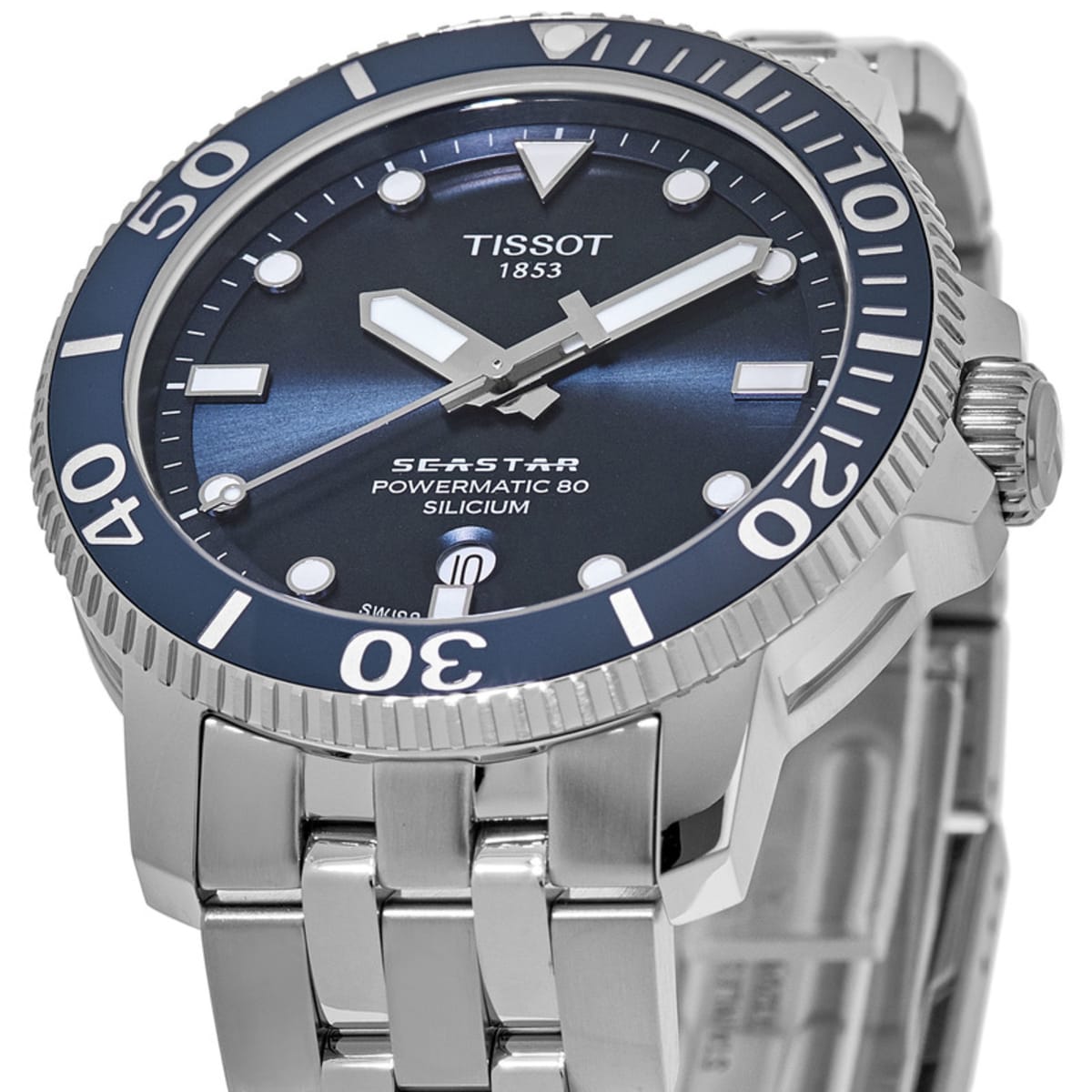 Seastar Powermatic 80 blue dial detail with applied indices and white hands