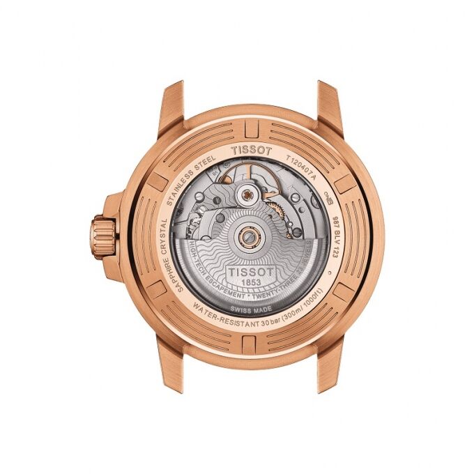 Tissot Seastar 1000 Powermatic 80 caseback showing visible automatic movement