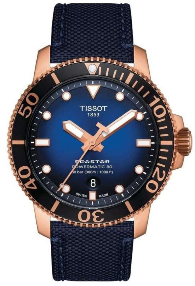 Tissot Seastar 1000 Powermatic 80 men's watch with blue dial, rose gold case and blue nylon strap