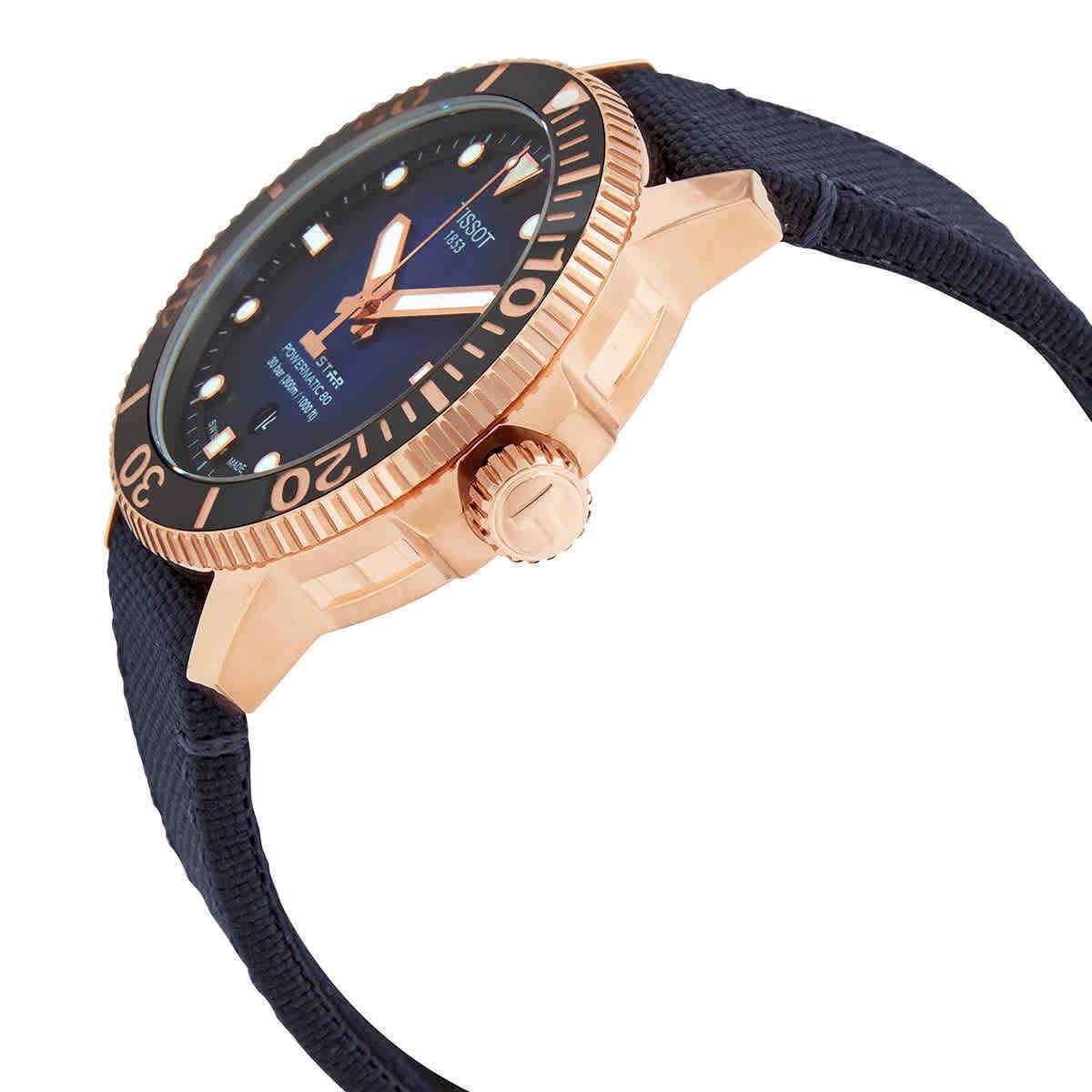 Tissot Seastar 1000 Powermatic 80 worn on wrist with blue nylon strap