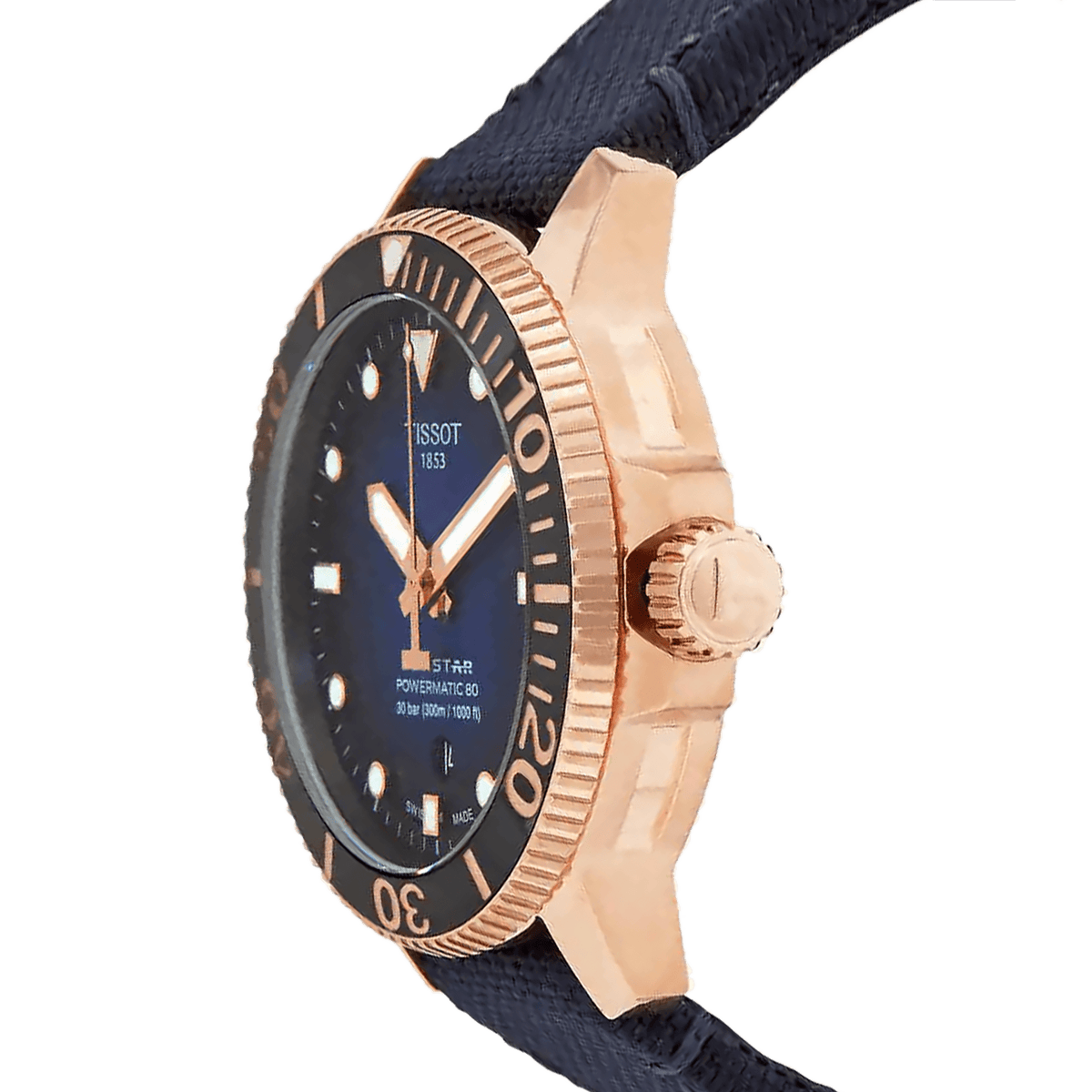 Tissot Seastar 1000 side profile showing rose gold case and crown with blue nylon strap