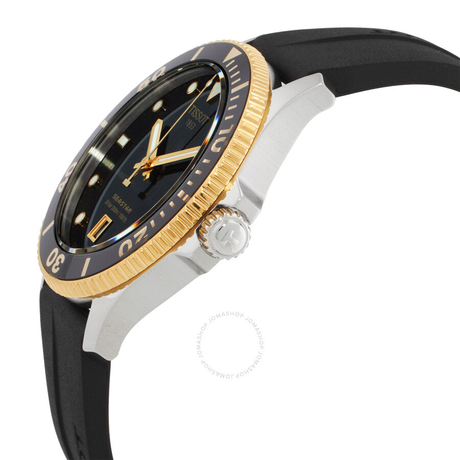 Angled side view of Tissot Seastar 1000 with gold-tone bezel and stainless steel case