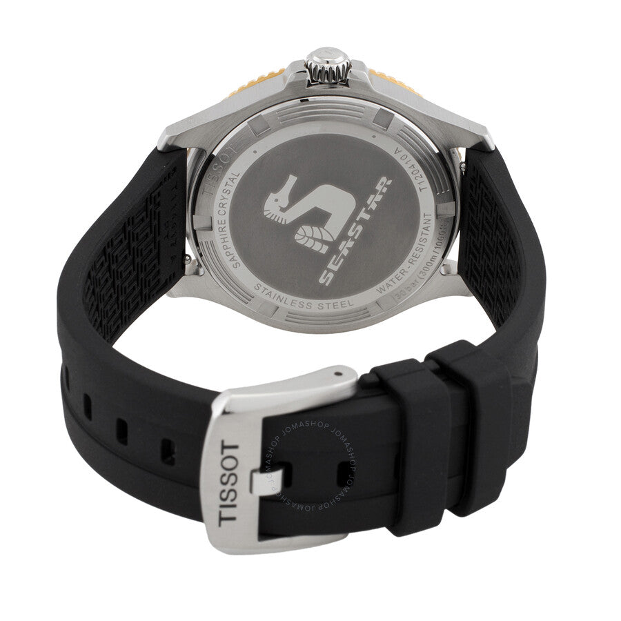 Caseback view of Tissot Seastar 1000 with black rubber strap and stainless steel case