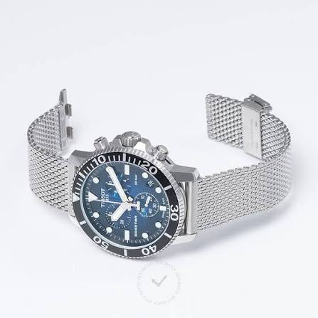 Three-quarter view of Tissot Seastar 1000 chronograph with mesh bracelet and black bezel