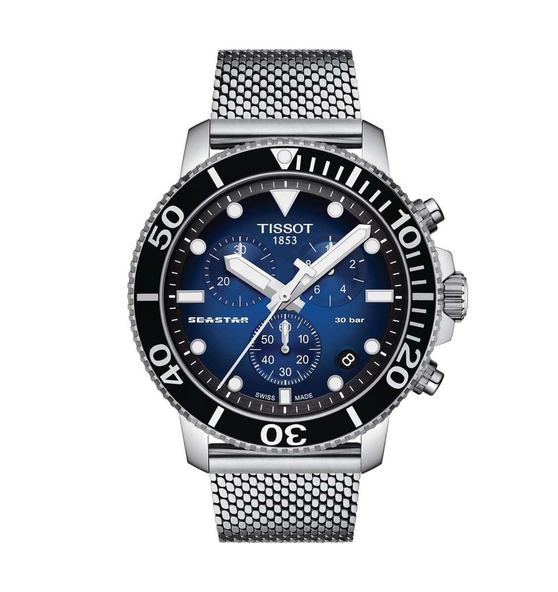 Tissot Seastar 1000 chronograph watch with blue dial and stainless steel mesh bracelet