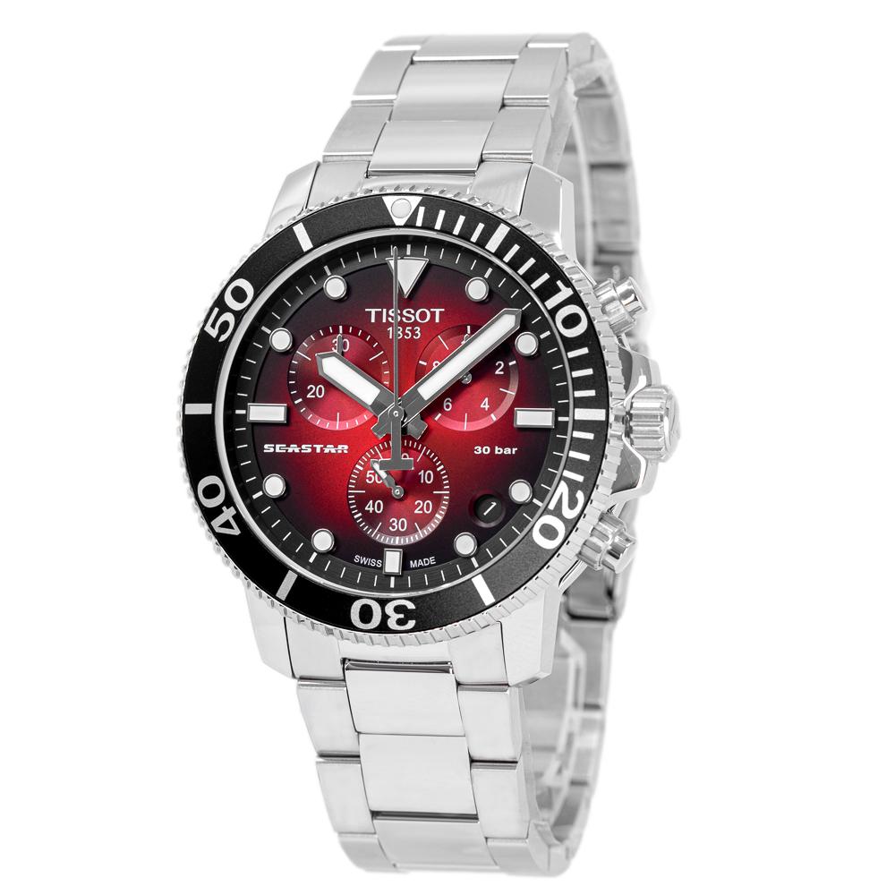 Tissot Seastar 1000 chronograph with red dial and silver steel bracelet, three-quarter view