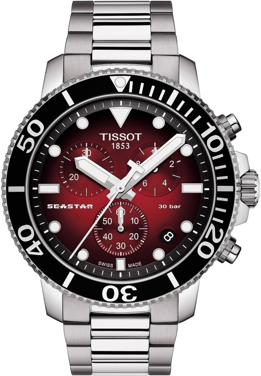 Tissot Seastar 1000 chronograph watch with red dial and silver steel bracelet, front view
