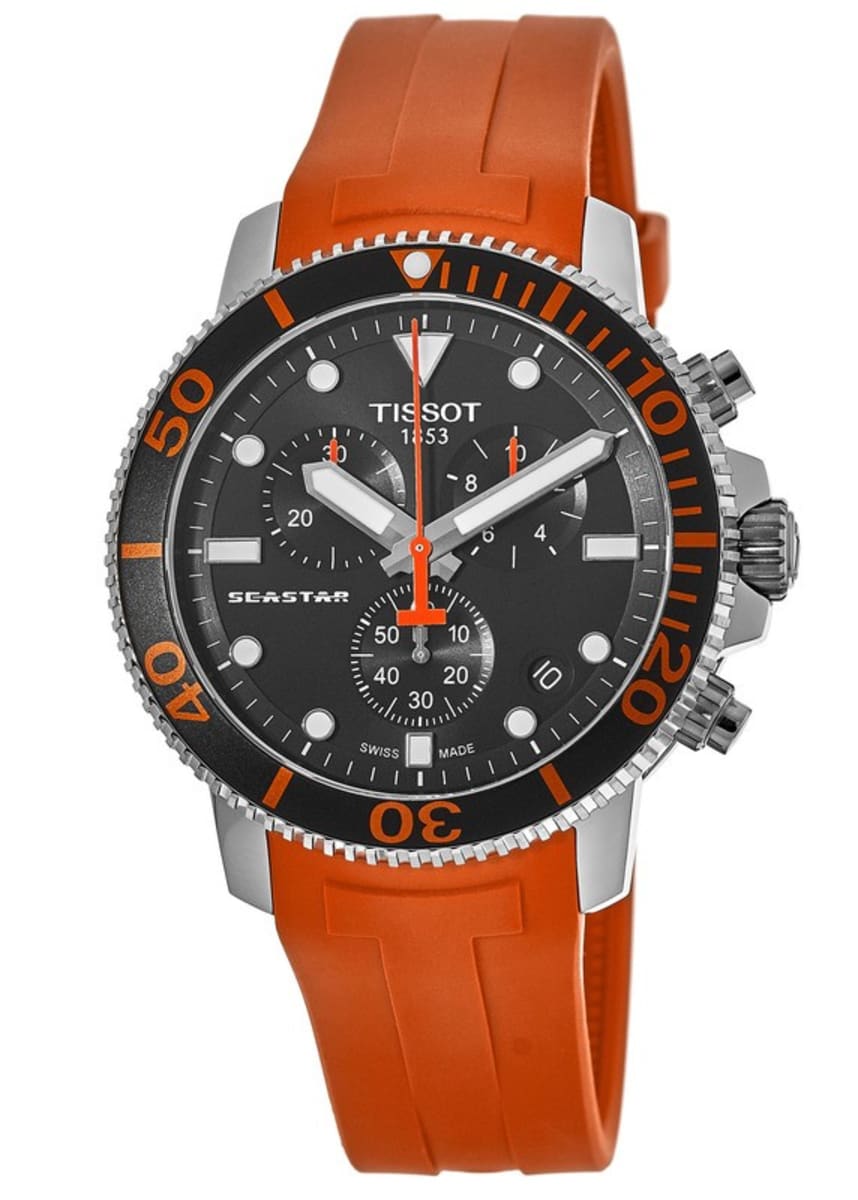Tissot Seastar 1000 chronograph watch at angle showing orange strap and steel case