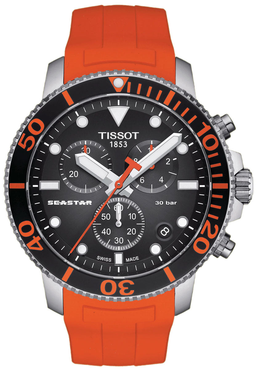 Tissot Seastar 1000 chronograph watch with black dial, orange rubber strap and bezel