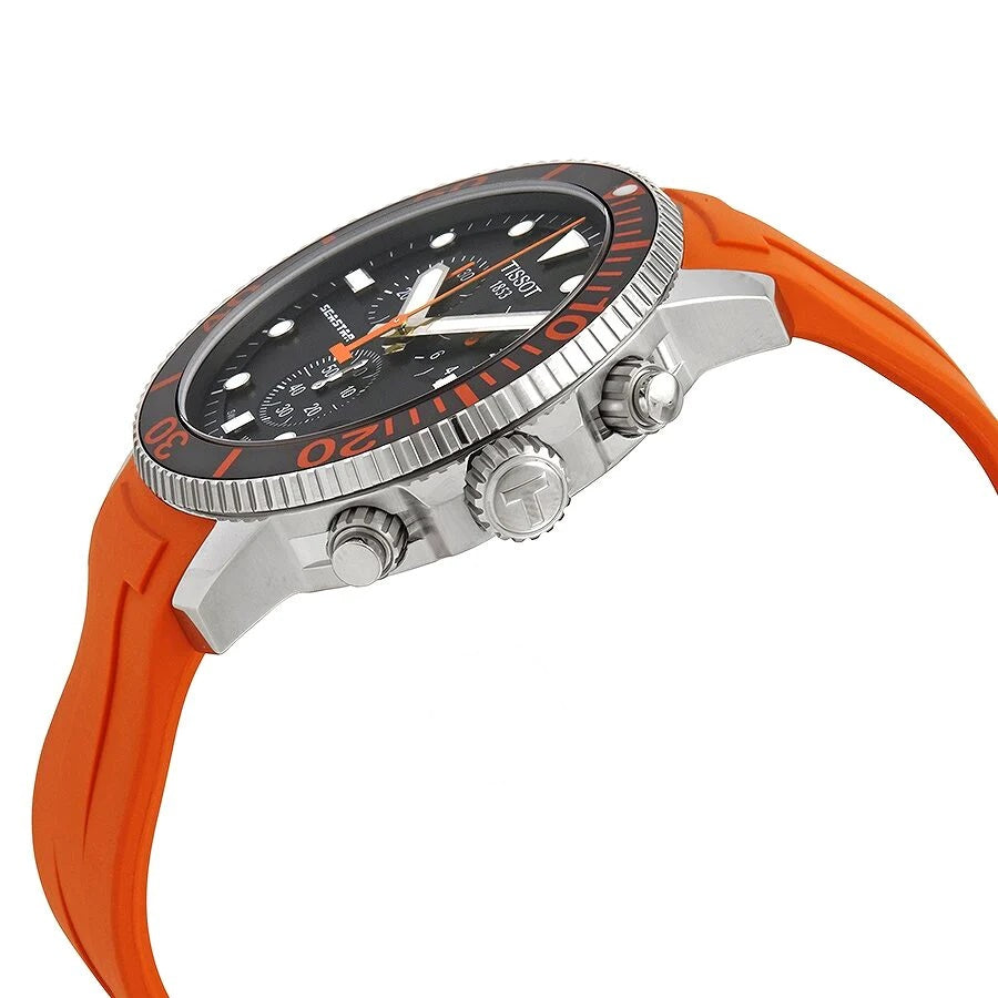 Side view of Tissot Seastar 1000 showing case profile, pushers and orange rubber strap