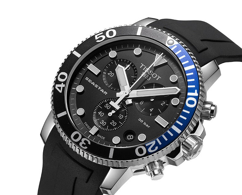 Tissot Seastar 1000 chronograph watch angled view showing stainless steel case and black rubber strap