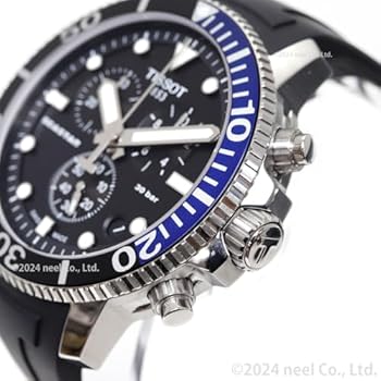 Tissot Seastar 1000 chronograph men's watch with black dial and blue GMT bezel detail