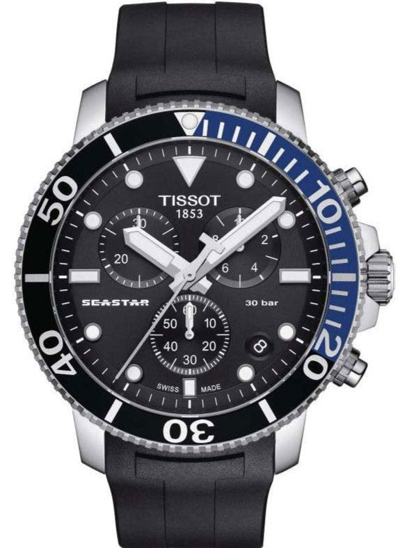 Tissot Seastar 1000 chronograph watch with black dial and blue bezel