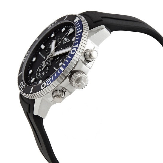 Tissot Seastar 1000 chronograph watch side view with blue bezel and stainless steel crown and pushers