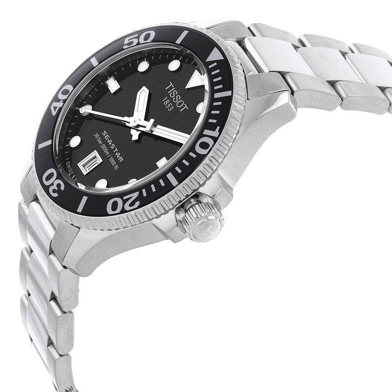 Tissot Seastar 1000 steel watch with black bezel and dial, angled side view