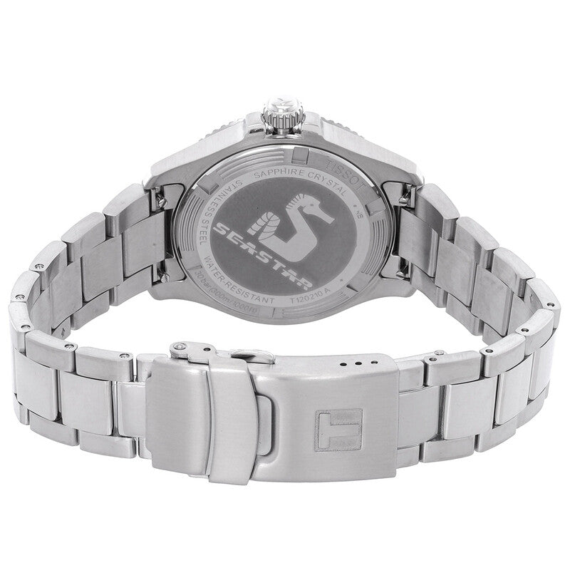 Tissot Seastar 1000 stainless steel caseback with engraved logo and water-resistant rating